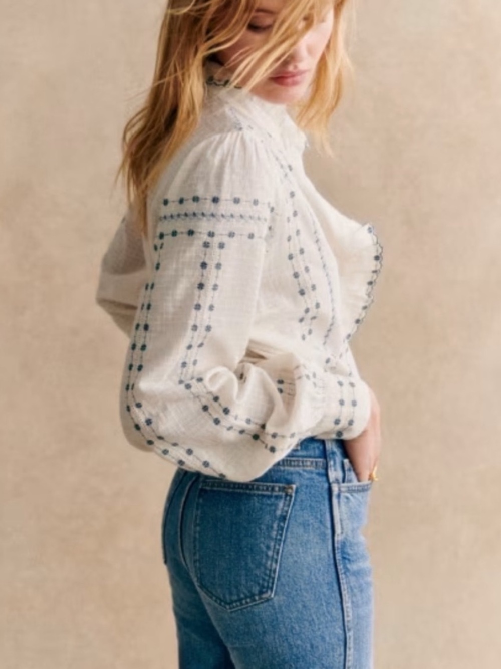 SEZANE NWT White Blue Cream Floral Embroidered Ruffle Button Down Chlo Shirt Top - Picture 7 of 17